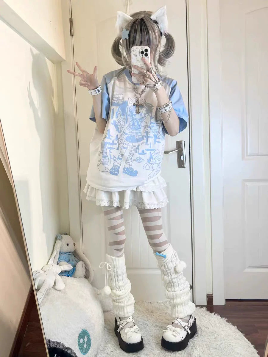 White & Blue Subculture Y2K E-girl Japanese Kawaii Sonic Cat Raglan-Sleeve Oversized Niche Top