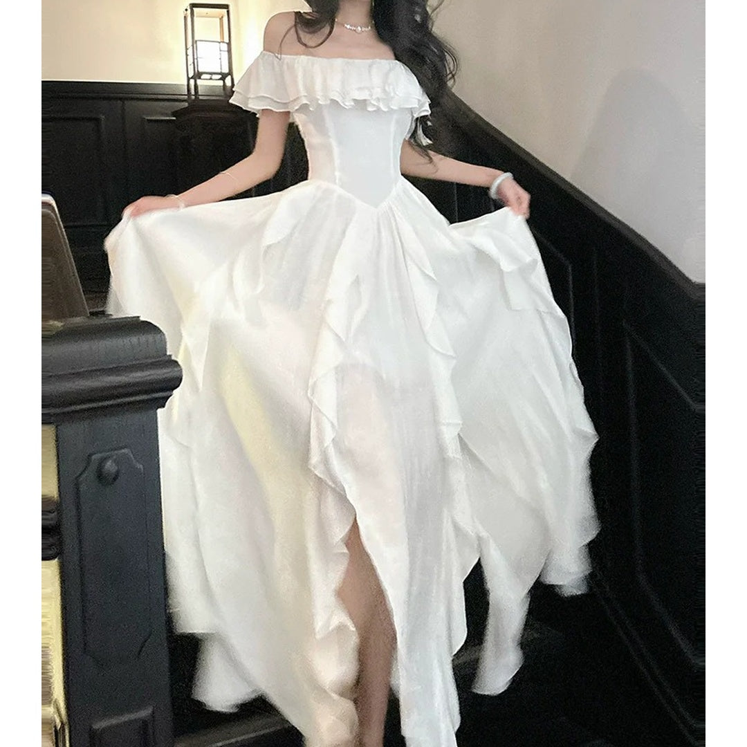 White Butterfly Ruffle Dress High-End Puff Sleeve Gown