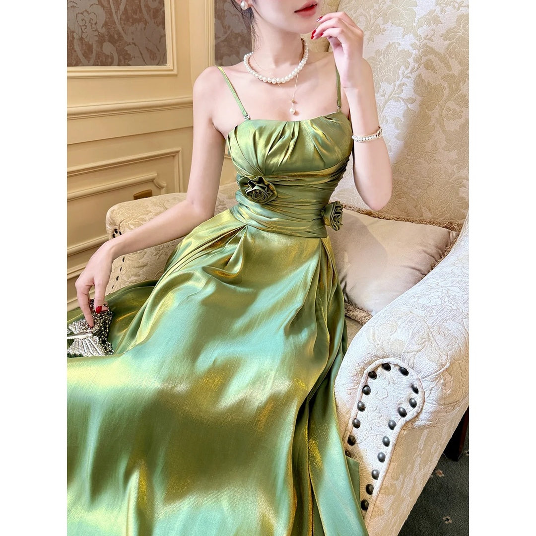 French Forest Floral Shimmer Spaghetti Gown Dress