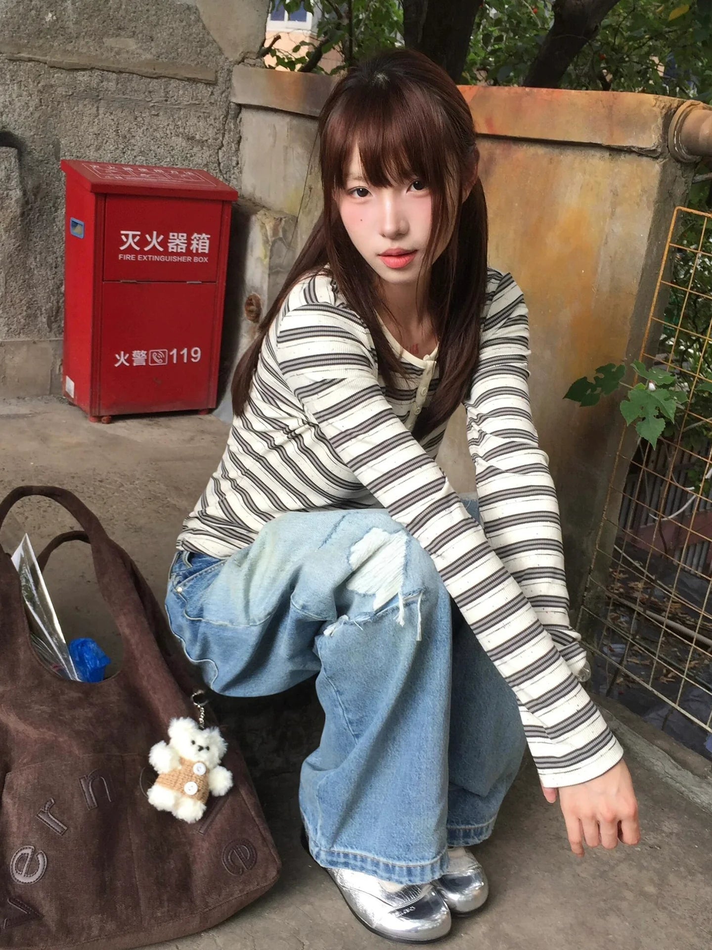 American Retro Striped Knit Long Sleeve Tee Autumn Color-Dot Slim Base Layer