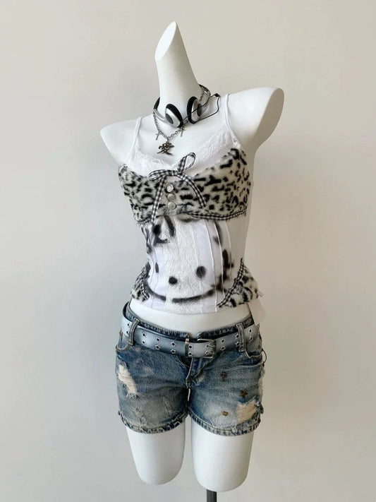 Fuzzy Leopard Print Cat Panel Y2K Tank Top