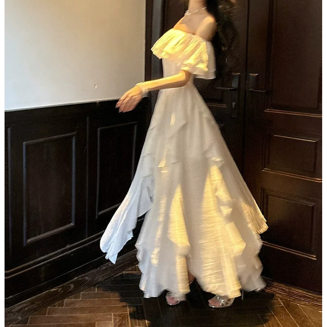 White Butterfly Ruffle Dress High-End Puff Sleeve Gown