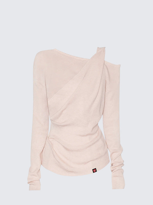 Korean Aesthetic Pink Asymmetric Ruffle Top