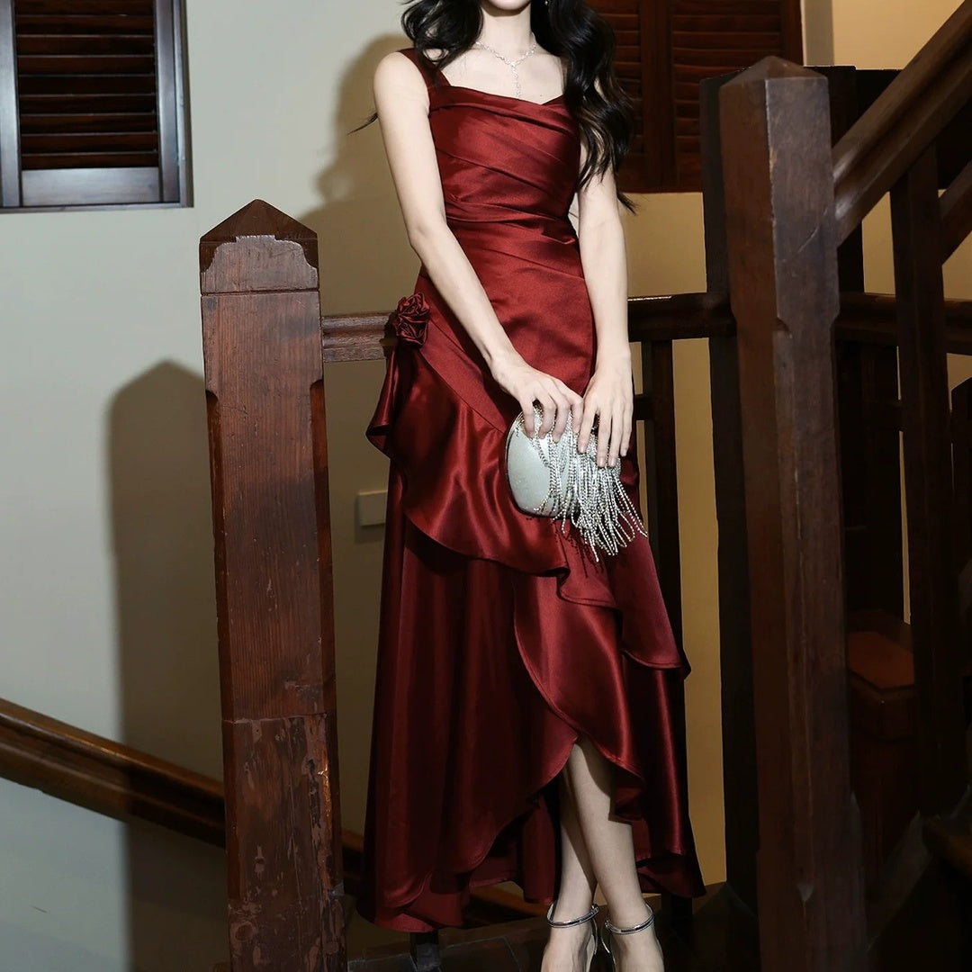 French Satin Red Ruffle Birthday Gown Dress