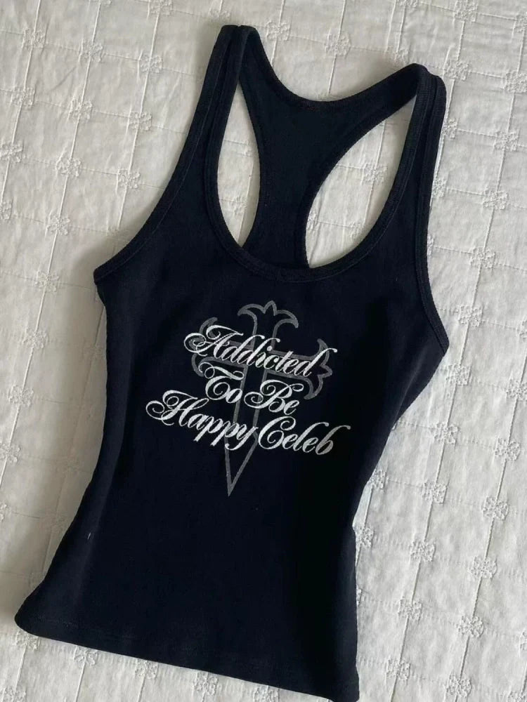 Black American Vintage Letter Print Slim Y2K Tank Top