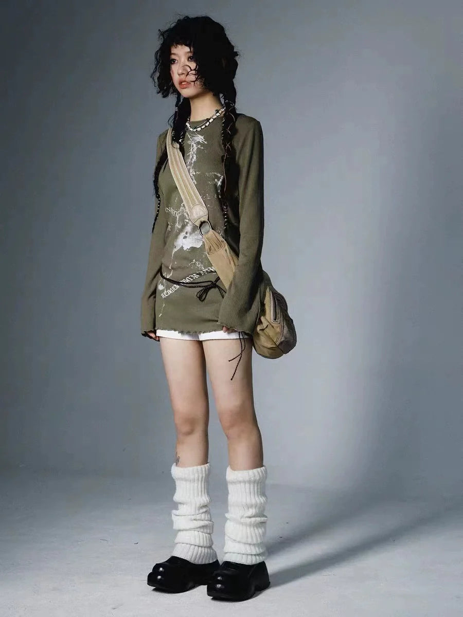 Herbal Green Punk Y2K E-girl Mid-Length Print Slim-Fit Covering-Hip Knit Short Sleeve Top