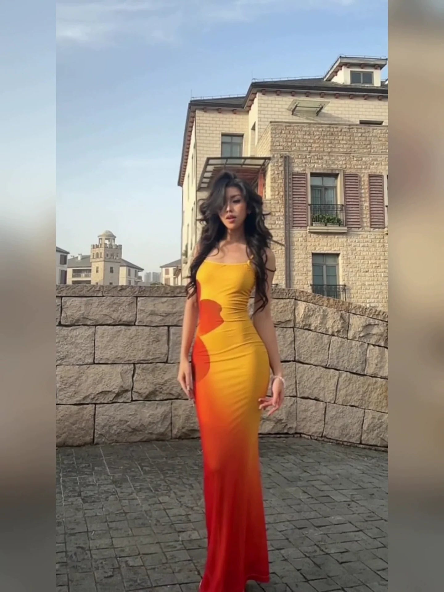 Sexy E-girl Yellow Print Camisole Bodycon Maxi Dress