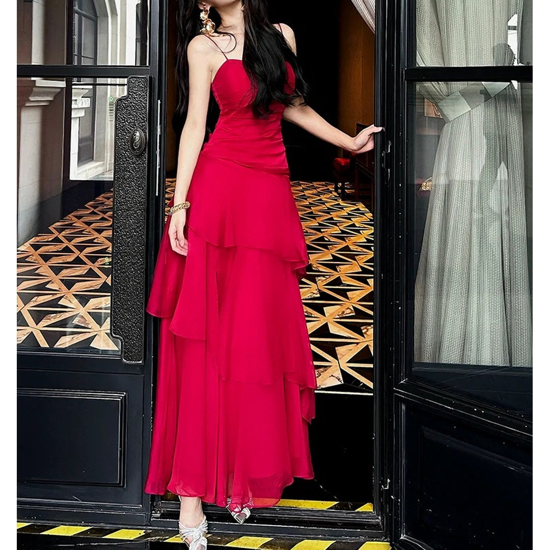Red Ruffle Waist Gown Prom Dress