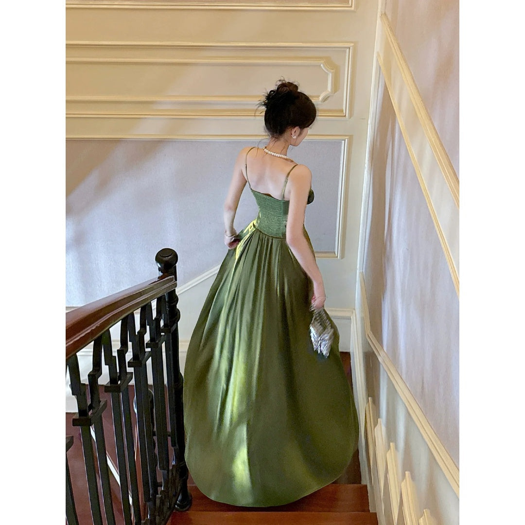 French Forest Floral Shimmer Spaghetti Gown Dress