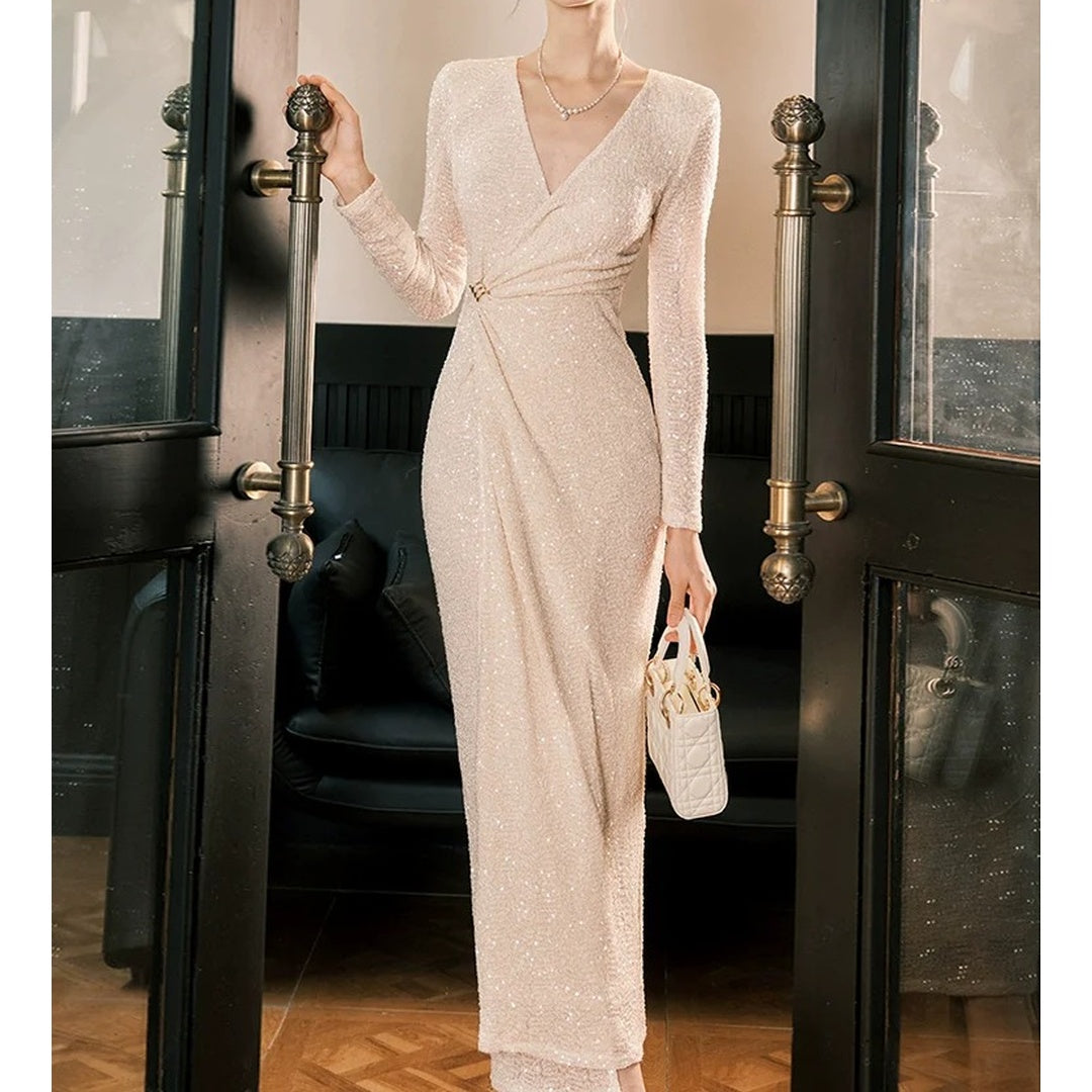 French Sequin Knit Long Sleeve Birthday Gown Dress