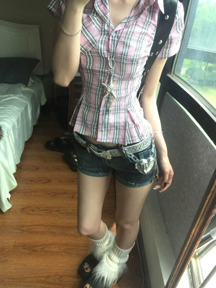 American Checkered Short Sleeve Shirt Summer Slim Fit Preppy College Style Top