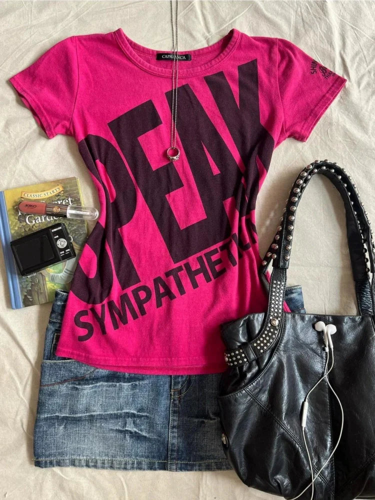 Magenta Subculture Y2K Abi E-girl American Retro Letter Print Slim Short Sleeve Top