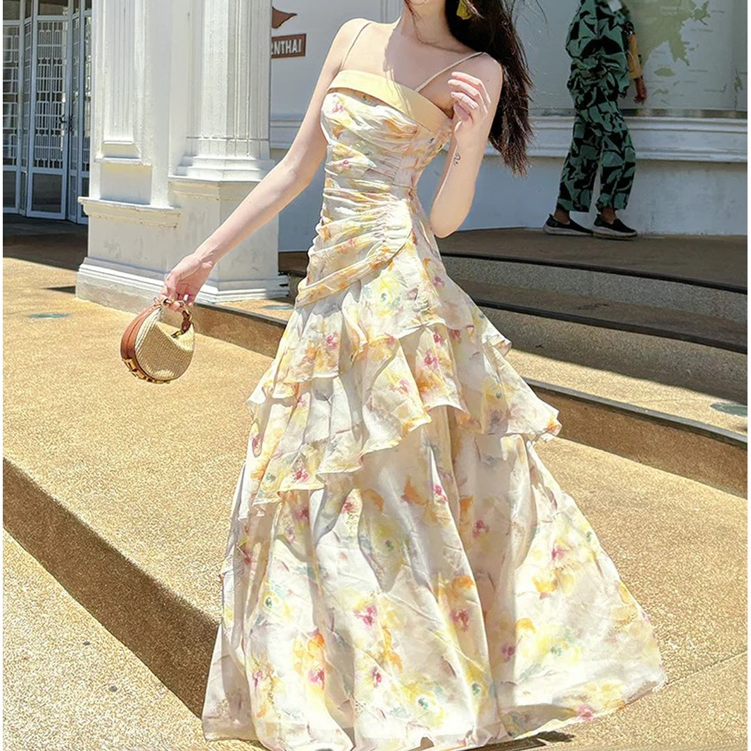 French Ruffle Floral Mermaid Gown Dress