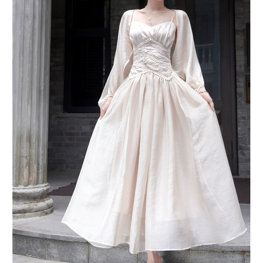 French Waist Spaghetti Strap Loose Chiffon Set Gown Dress