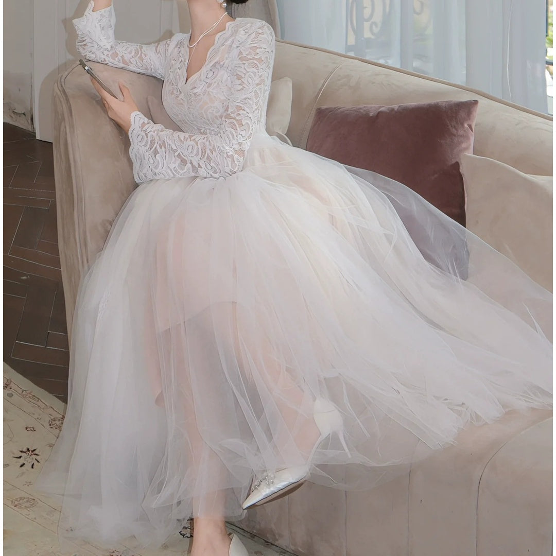 French V Neck Long Sleeve Mesh Gown Dress