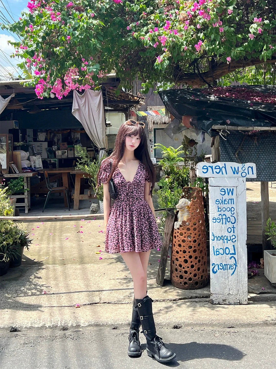 Purple Floral V-Neck Smocked Bubble-Sleeve Mini Dress