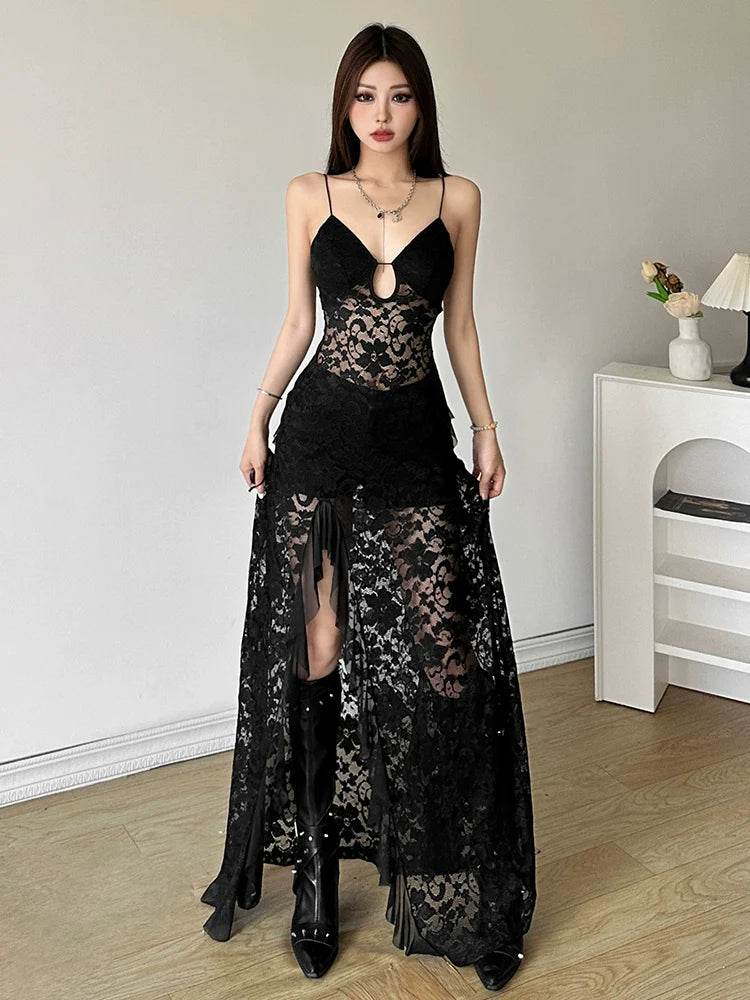 Mature Elegant Black Cutout Lace Halter Designed Slit Slimming Maxi Dress
