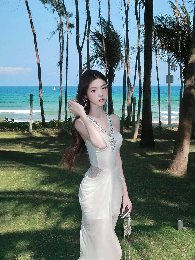 French High-End Rhinestone-Embellished Halter Mermaid Dress