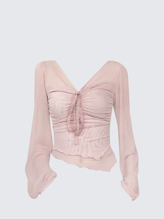 Pastel Pink Long Sleeve Tie Top