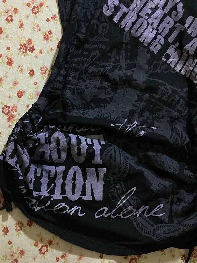 Black Subculture Punk Y2K E-girl Retro Print Drawstring Slim-Fit Waist Short Sleeve Top