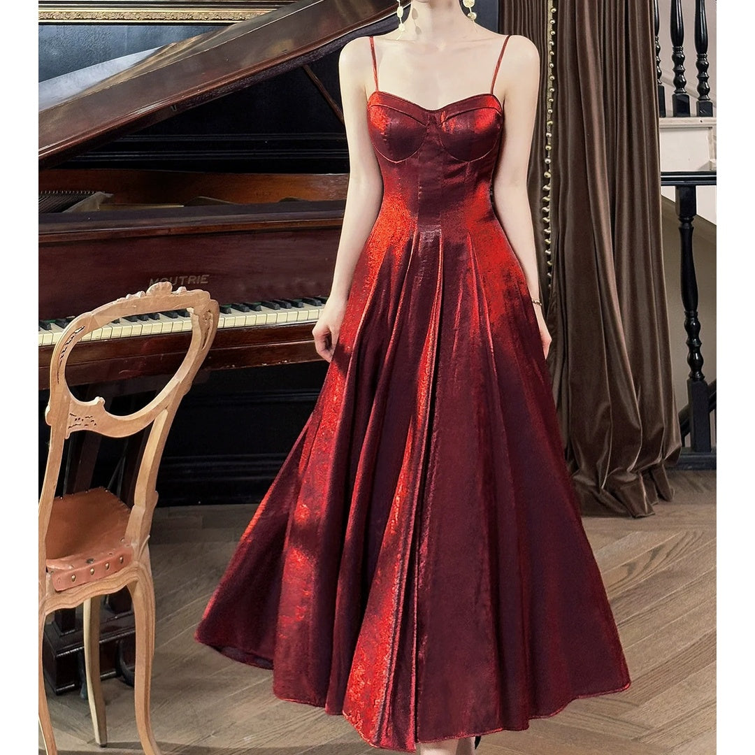 French Red Spaghetti Strap Luxury Gown Dress