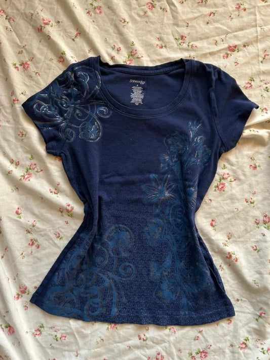 Navy Blue Subculture Y2K E-girl Abi American Retro Vintage Print Short Sleeve Top