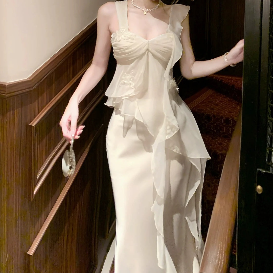 French Lace Floral Asymmetrical Top and Satin Mermaid Skirt Set