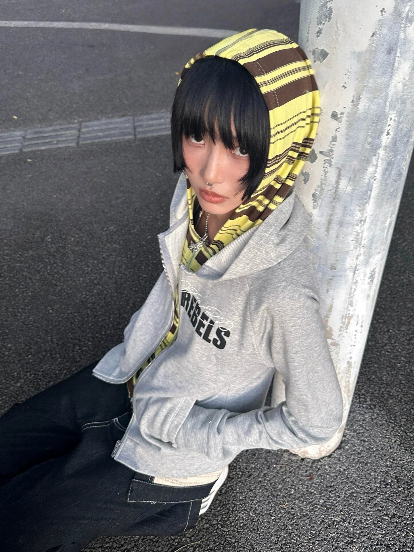 Colorblock Zip Up Hoodie Faux Layered Top Slim Fit