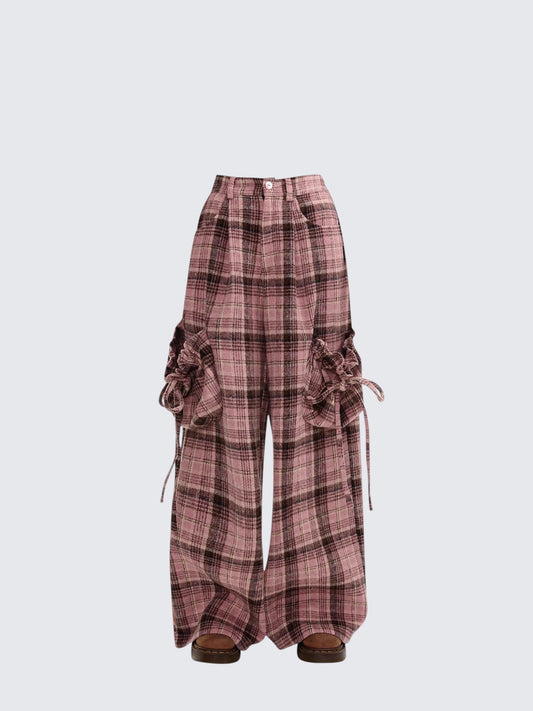 Vintage Plaid Pocket Wide Leg Pants Women