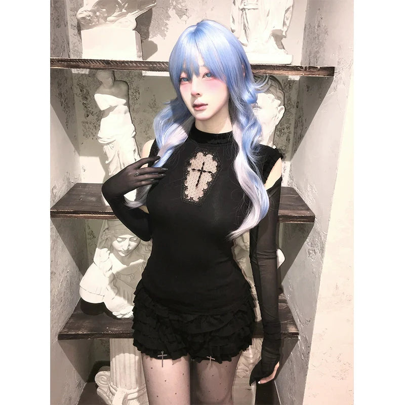 Y2K Subculture Black Tank Hollow-Out Cross Stretch Fitted Top