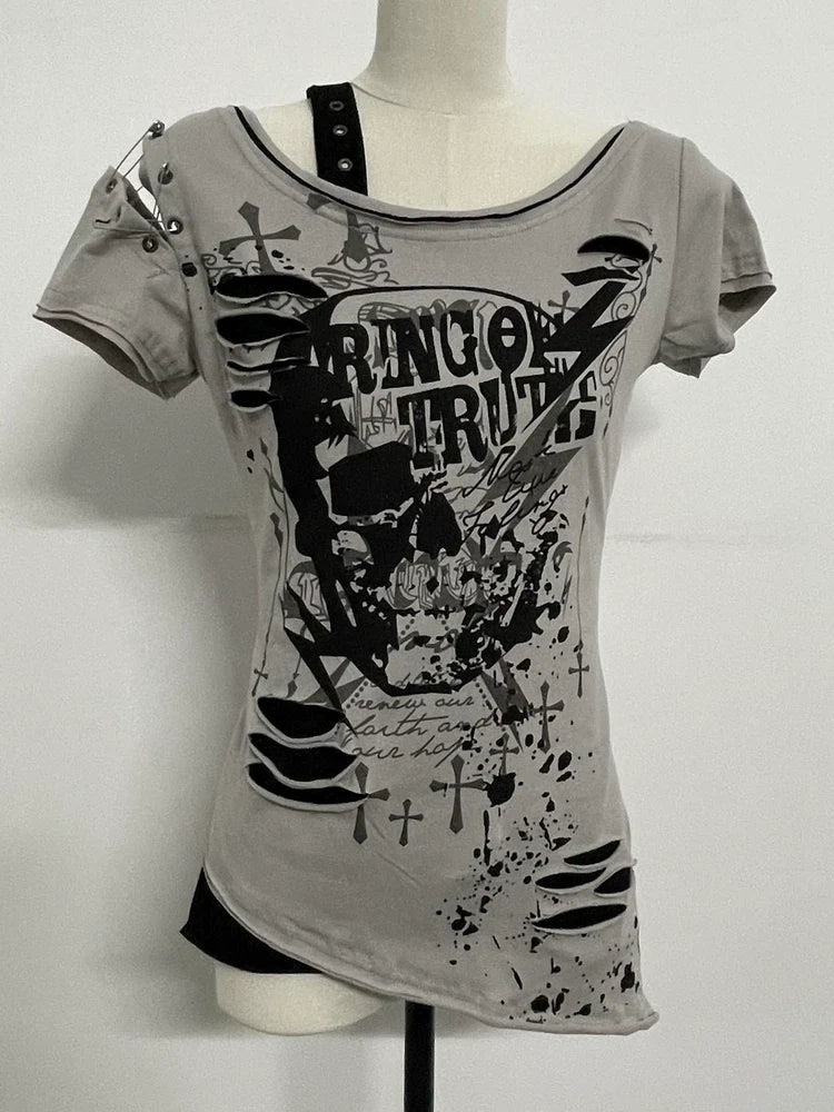 Gray Subculture Punk Y2K E-girl Abi American Retro Skull Fake Two-Piece Short Sleeve Top