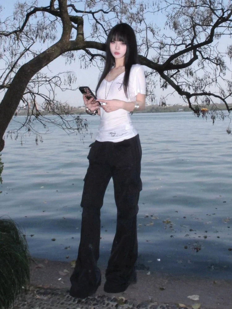 Retro White V Neck Cross Print Short Sleeve Top