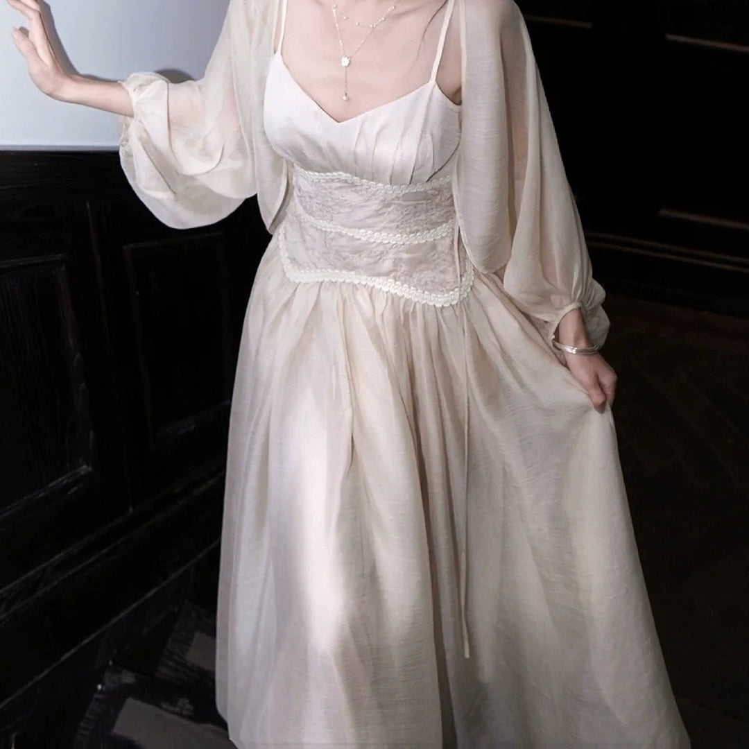 French Waist Spaghetti Strap Loose Chiffon Set Gown Dress