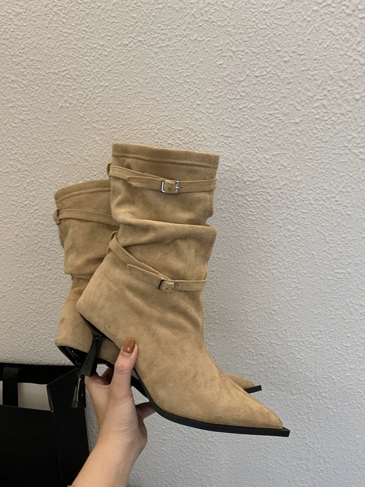 Fall Winter New French Retro Pointed Toe Thin Heel Ankle Boots Suede Slouchy Chunky Heel Western Boots