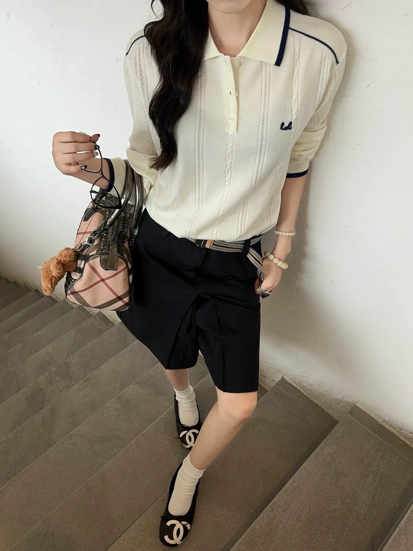 Classic Polo Cable Knit Sweater Loose Fit Top