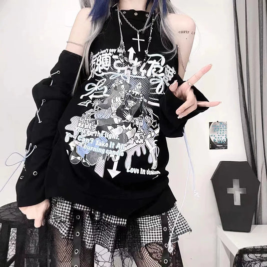 Black Y2K Punk   Hoodie with Cross Necklace