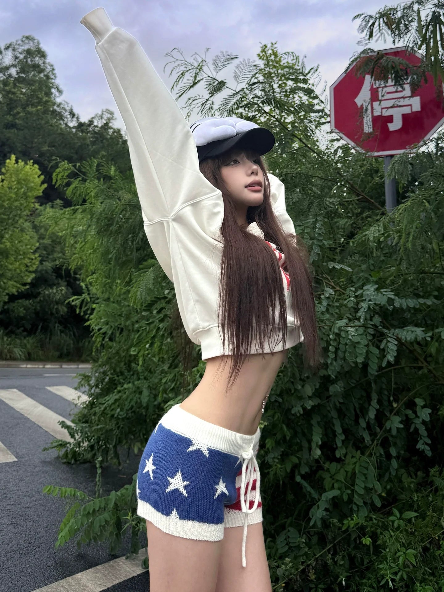 Retro White Asymmetric Shoulder Sweatshirt Flag Print Top