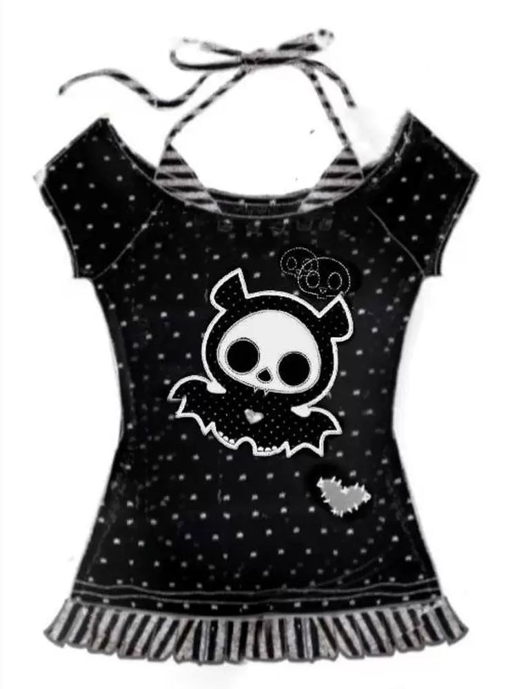 Skull & Flower Fake Two-Piece Subculture Y2K E-girl Shibuya Girl Abi American Retro One-Shoulder Short Sleeve Top