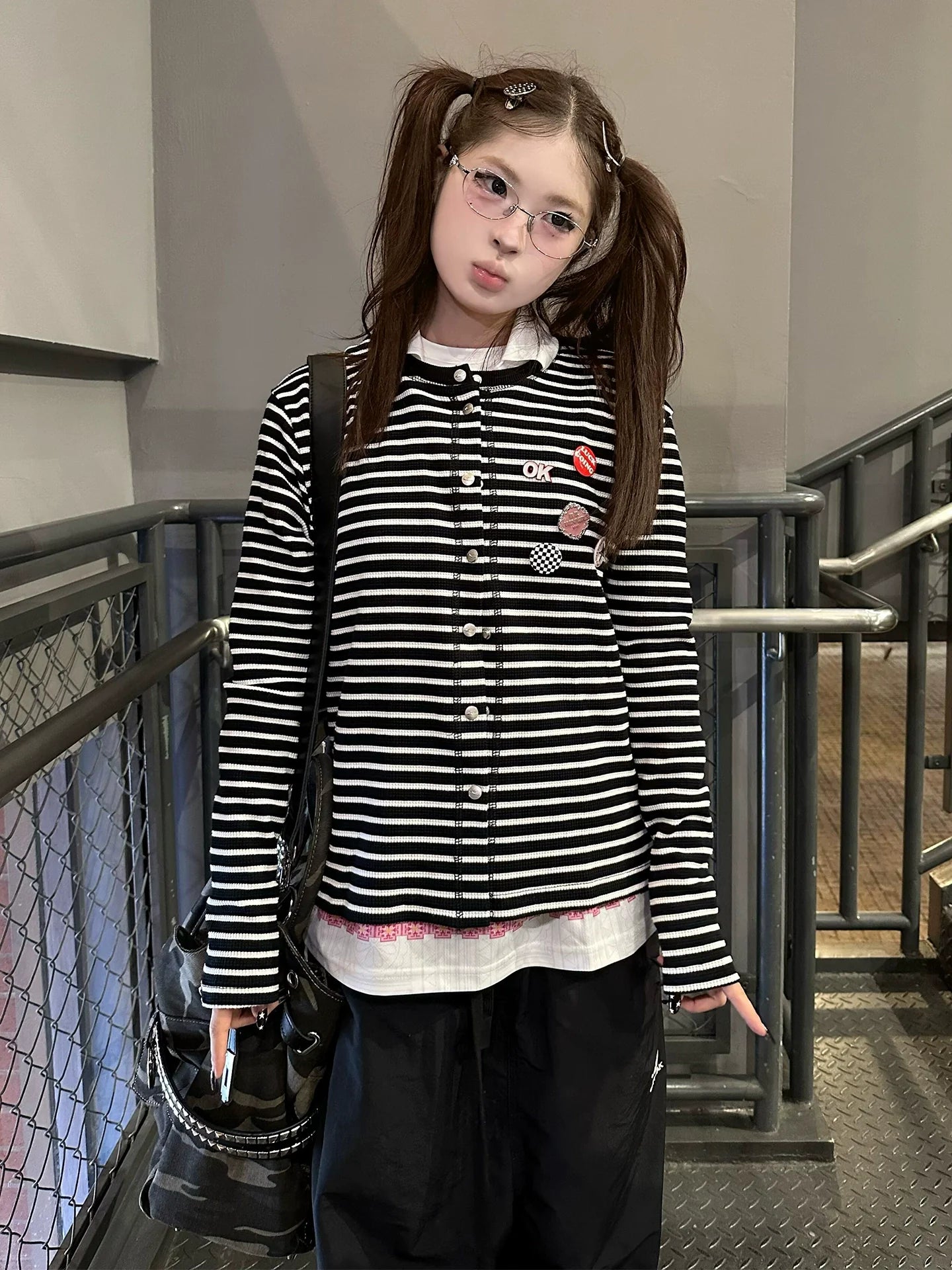 Retro Black White Striped Knit Cardigan Loose Fit