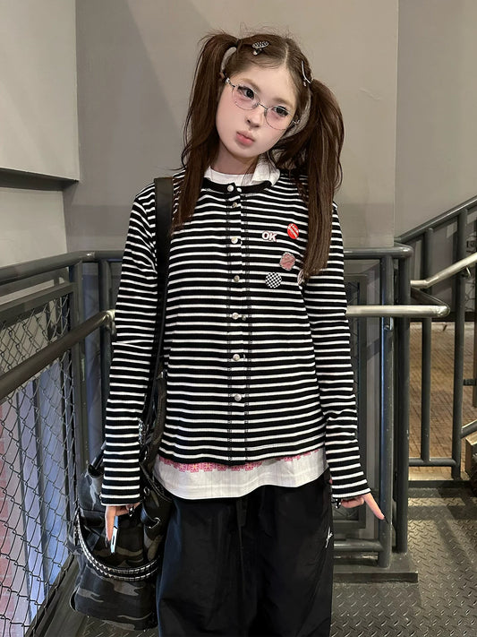 Retro Black White Striped Knit Cardigan Loose Fit