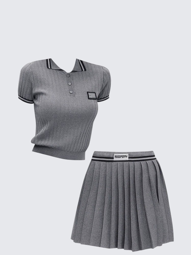 American Polo Collar T-Shirt & Pleated Skirt Set