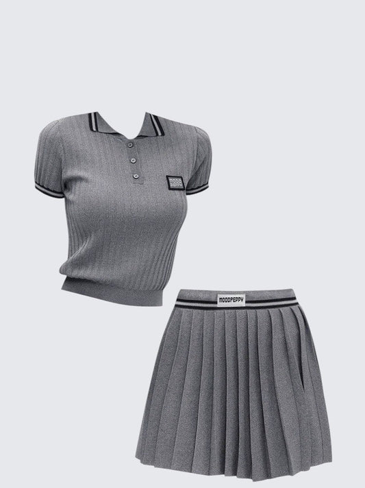 American Polo Collar T-Shirt & Pleated Skirt Set
