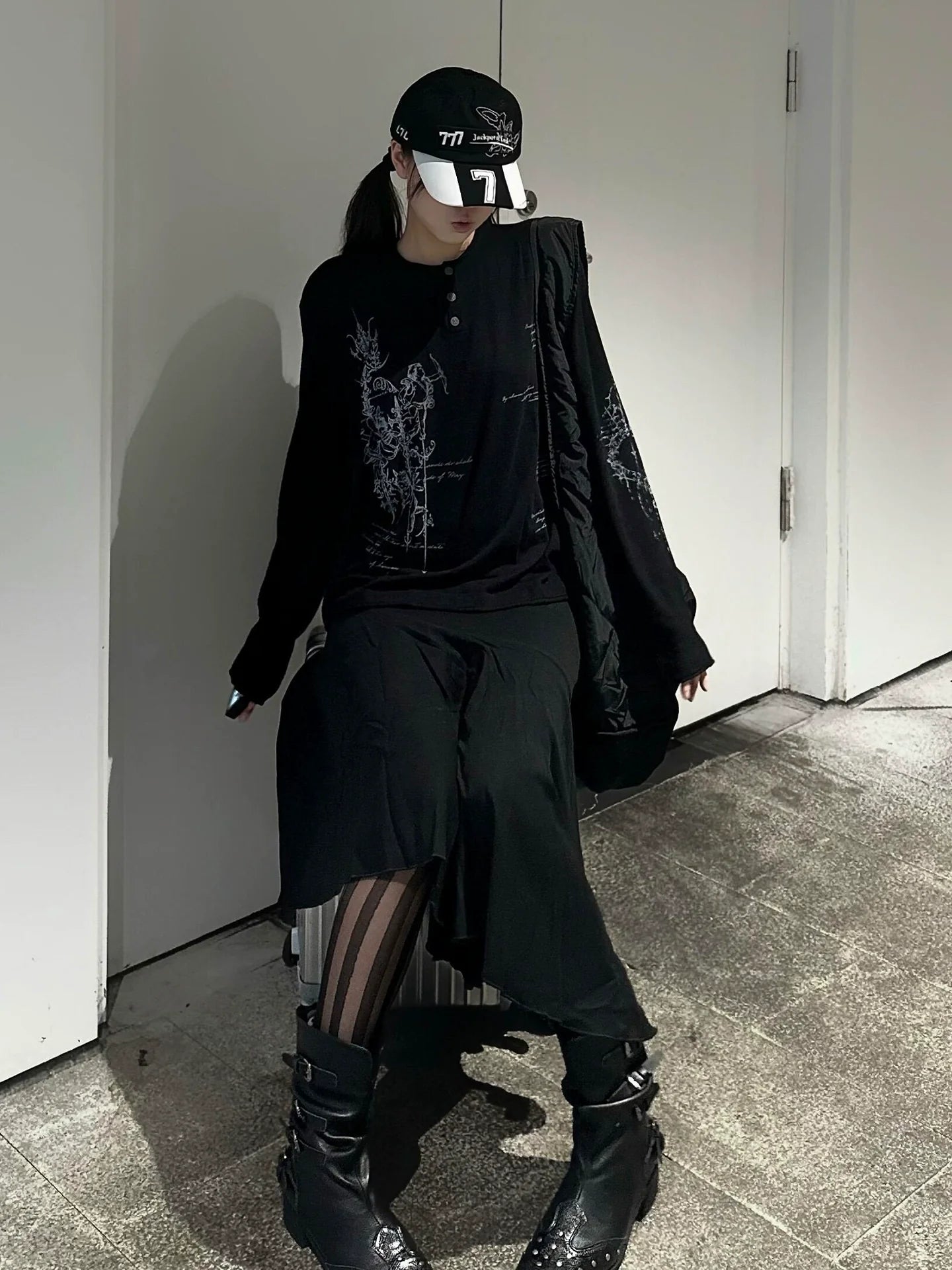 Y2K Subculture Rune Print Henley Long Sleeve Tee Loose Fit Punk Visual Kei Base Layer Top