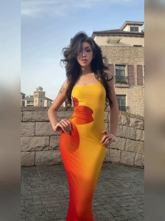 Sexy E-girl Yellow Print Camisole Bodycon Maxi Dress