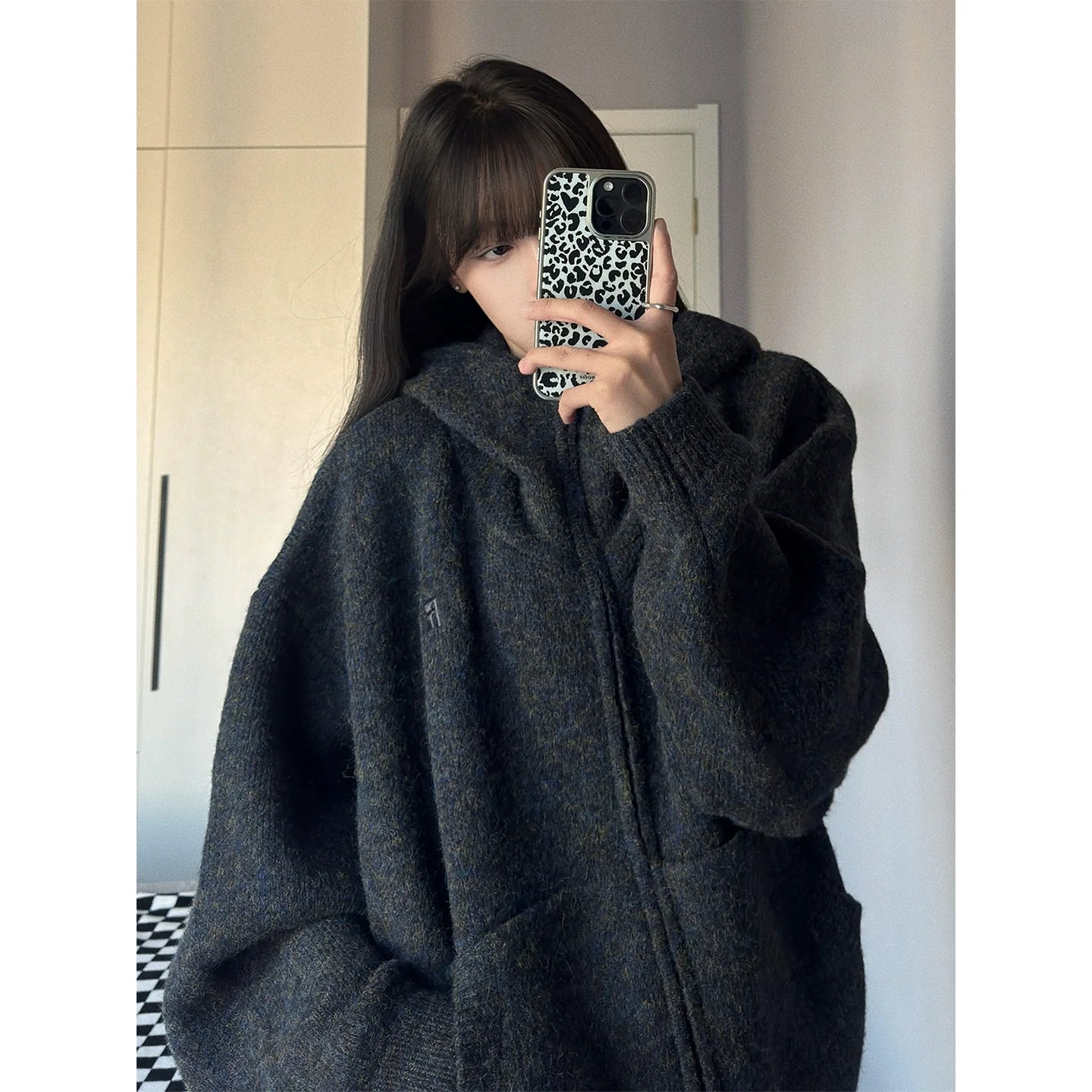 Oversized Hooded Knitted Cardigan Thick Loose Sweater Top