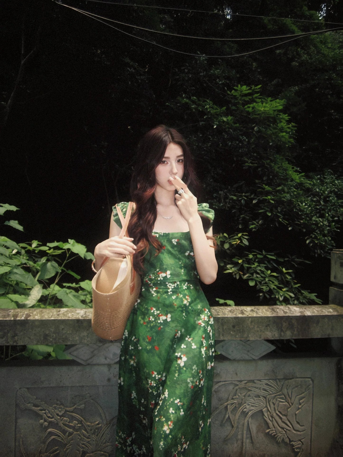 Reversible Forest Green Puff-Sleeve Maxi Dress