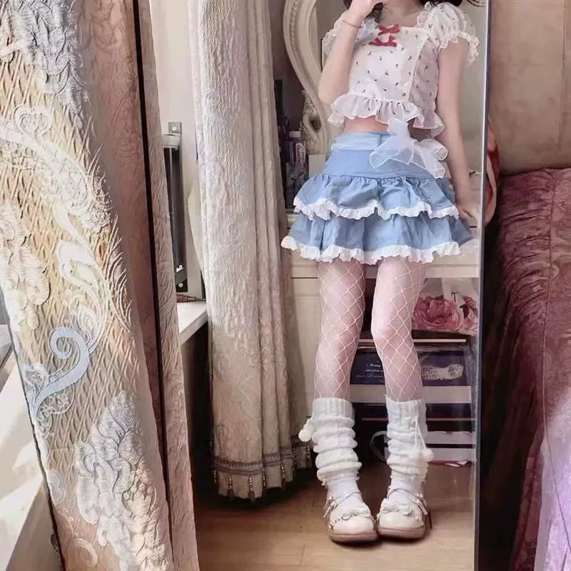 Lace-Trimmed Puff Cake Skirt Subculture Y2K E-girl High-Waisted Short Slimming Fluffy Skirt (Summer)