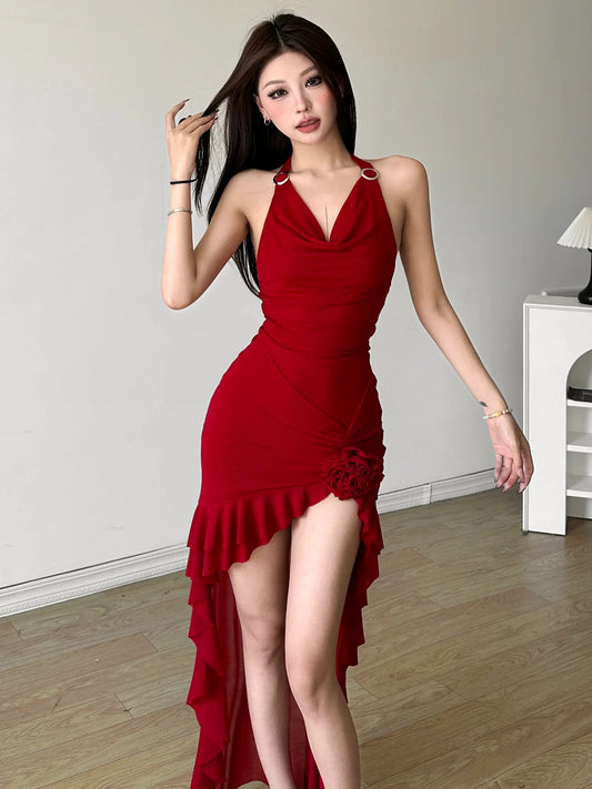 Soft Elegant Cowl-Neck Halter Sleeveless Ruffled Panel Figure-Flattering Asymmetrical Dress