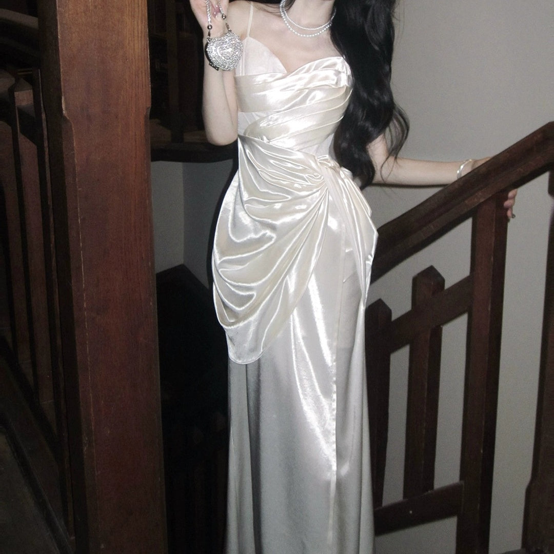 French Satin Lace Formal Gown Dress