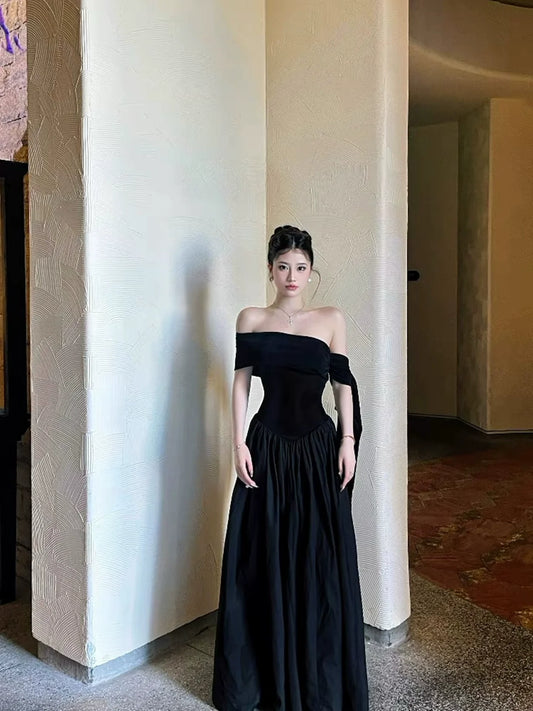 Black Off-The-Shoulder Sash-Detailed Maxi Dress